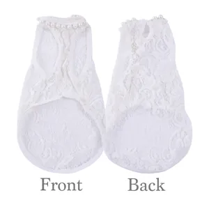 Front and back views of a white lace pet wedding dress with pearl collar details.