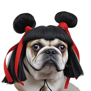 Nezha style pet wig with black double buns and red ribbons for small dogs and cats hair accessories