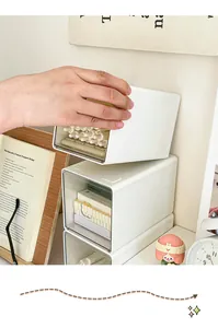Detail view showing stackable white acrylic desktop storage drawers for office organization