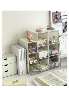 Modular white acrylic desk storage drawers stacked with stationery accessories in a home office