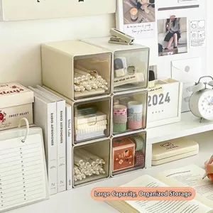Cream stackable acrylic drawer storage boxes for desk and office stationery organization