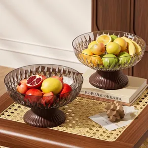 Modern Minimalist Kristall Textur Obstteller Mit Hochfuß Holzmaserung Basis PET Kunststoff Obstschale Für Wohnzimmer Zuhause Deko