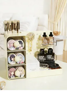 Desktop pegboard organizer with drawers showing multi-functional cosmetics storage layout