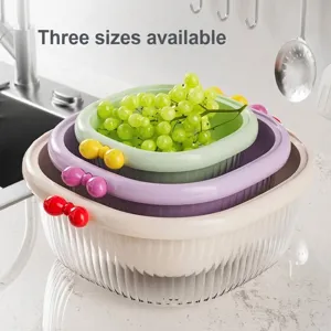 Set of 3 stackable nested plastic drain baskets with cute bow handles for kitchen fruits
