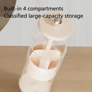 Cream-colored rotating makeup brush organizer with 4 grids and dust-proof elevator lid