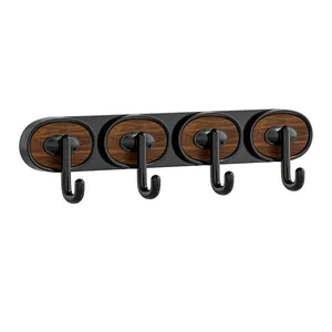 Modern 4-hook wall-mounted coat rack featuring elegant oval dark wood grain design