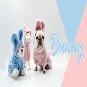 French Bulldogs and small dogs wearing pink and blue bunny ear fleece hoodies for Easter
