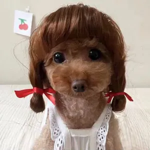 Funny brown pet wig for dogs with short bangs and pigtails for Halloween cosplay