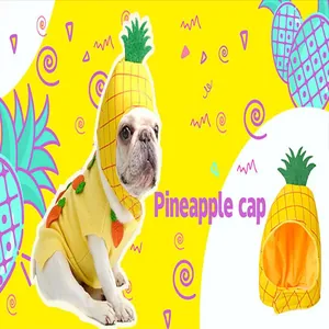 Detailansicht einer lustigen Ananas-Mütze für Hunde und Katzen auf gelbem Hintergrund