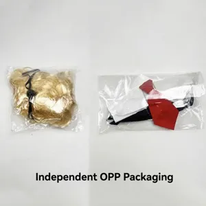 Detailansicht von Haustier-Cosplay-Perücke und Halloween-Kostüm in einzelnen OPP-Verpackungen