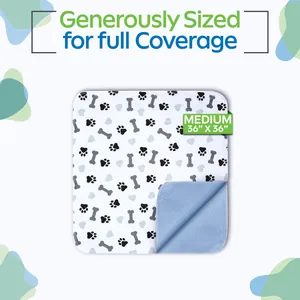 Primer plano del empapador lavable para perros 36x36 pulgadas con reverso azul.