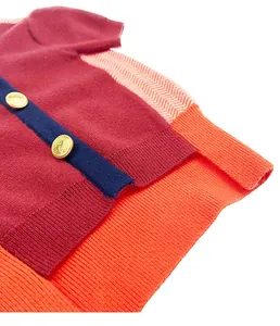 Close-up detail of knitted pet sweater with vibrant color blocking and gold buttons