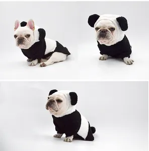 Detailed view of panda-themed pet costume featuring plush hood and soft black-and-white fleece.