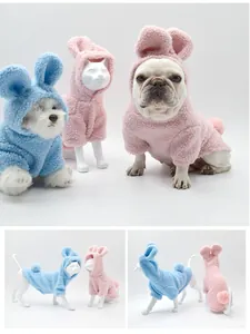 Cozy plush bunny ear dog hoodie set in blue and pink colors shown from multiple angles.
