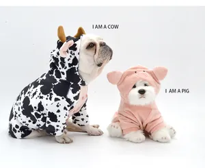 Cute dog Halloween costumes in cow and pig designs made of soft plush fabric