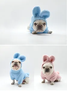 Warm sherpa fleece bunny ear hoodie for French Bulldogs in pink and blue colors.