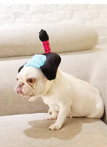 Detail of a Japanese samurai style chonmage pet hat worn by a cute white bulldog on sofa