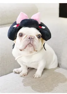 Japanese style pet dog wig headpiece with pink bow and floral accents for costume