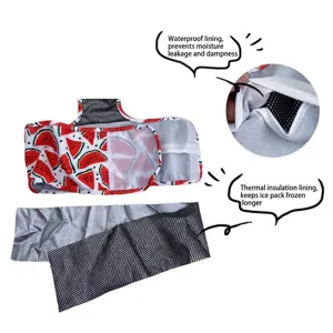 Detailed view of the waterproof and insulated lining of a watermelon print dog cooling vest