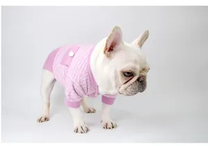 Pink tweed pet sweater for dogs Chanel-style shown on a French Bulldog