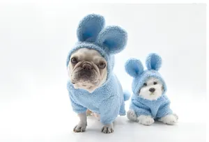 Warm blue sherpa fleece pet hoodie with bunny ears for dogs for winter and Easter