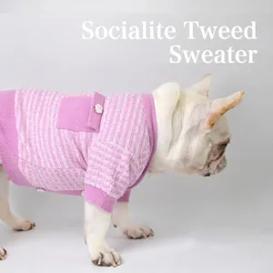 Elegant Pink White Plaid Pet Dog Sweater Tweed Style Knitted Puppy Clothes Autumn Winter Warm Cardigan For Small Dogs Cats