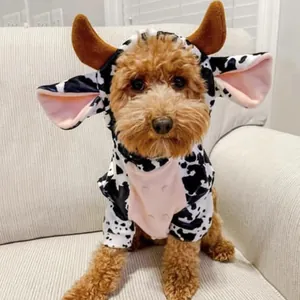 Funny Halloween Pet Cow Costume For Dogs Cats Black White Spotted Hooded Puppy Sweatshirt Cute Animal Cosplay Apparel For Party