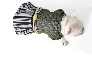 Top detail view of a dog wearing a traditional Japanese samurai kimono pet costume.