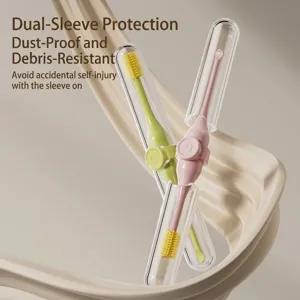 Portable ear and nose cleaning set with dual protective covers in pink and green