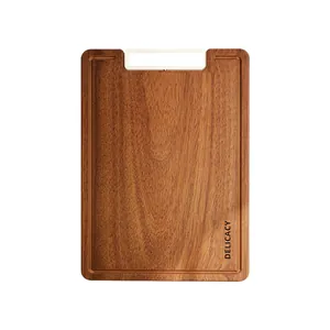 Whole ebony wood chopping board with juice groove and white handle for kitchen