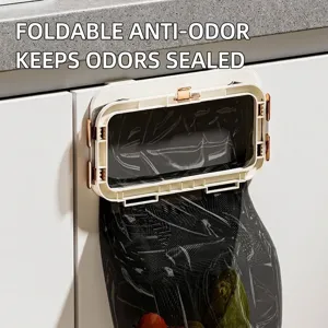 Foldable wall-mounted plastic bag holder for kitchen cabinet doors and bathroom space
