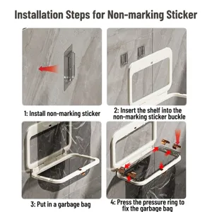 Foldable wall-mounted garbage bag holder installation guide for kitchen and bathroom.