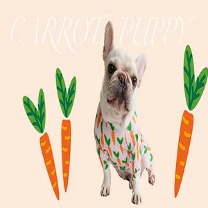 French Bulldog wearing pink carrot print pajamas against a cute graphic background.