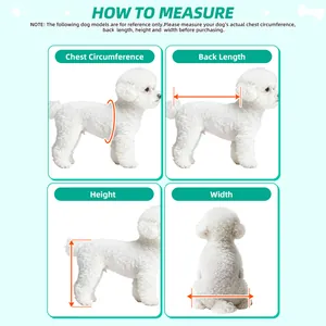 Measurement guide for pet wheelchair showing dog chest, back length, height, and width