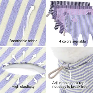 Detailed features of striped pet recovery suit including breathable fabric and adjustable neck.