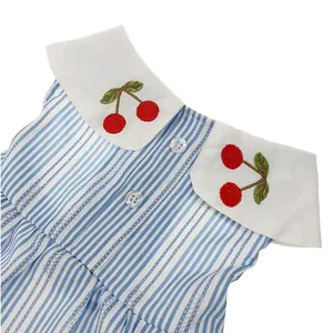 Close-up detail of a pet dress featuring cherry embroidery and blue and white stripes