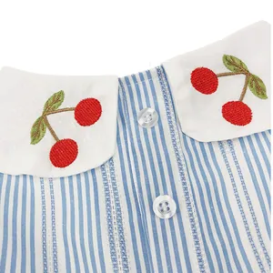 Close-up detail of blue striped pet dress featuring cherry embroidery on white collar