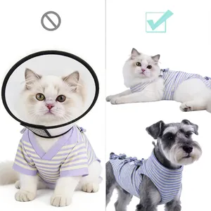 Comparison of striped pet recovery suit versus traditional cone showing anti-licking benefits