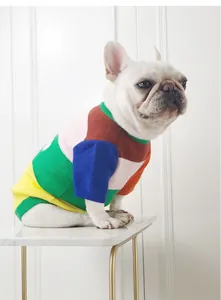Bright multi-color color-blocked knit pet sweater for dogs and cats on a Frenchie