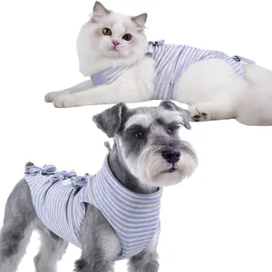 Blue striped recovery suit for cats and small dogs to prevent licking after surgery