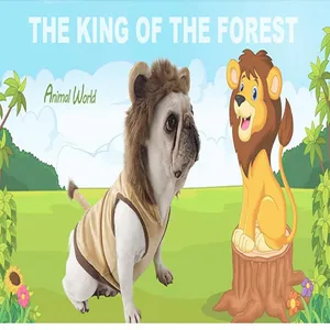 Adorable French Bulldog wearing a lion mane and vest costume in a jungle cartoon scene