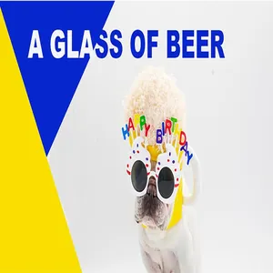 Detailed view of a small dog wearing a novelty beer mug hat with foam and birthday cupcake sunglasses