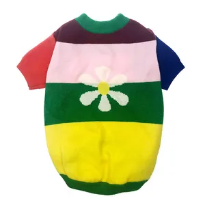 Colorful Striped Knitted Pet Sweater For Dogs And Cats Cute Flower Pattern Warm Winter Puppy Kitten Crochet Clothes Outfit
