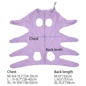 Size chart for pink striped pet recovery suit showing chest and back length measurements
