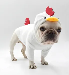 Detailed view of funny white rooster chicken pet costume hoodie for French bulldog dogs