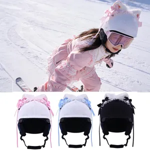 Lolita Cute Cat Ears Helmet Decoration Knitted Wool Plush Helmet Cover With Bowknot And Bell For Skiing Motorcycle Helmet Decor