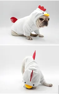 Detailed view of a funny chicken-styled dog costume for Halloween, worn by a French Bulldog.