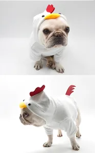 Funny chicken costume for French Bulldogs and Corgis, perfect for Halloween pet cosplay.
