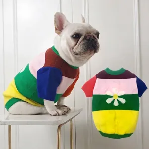 Colorful striped knit pet sweater with a white flower pattern for small dogs and cats