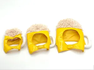 Detailed view of three different sizes of yellow beer mug pet headwear with white foam